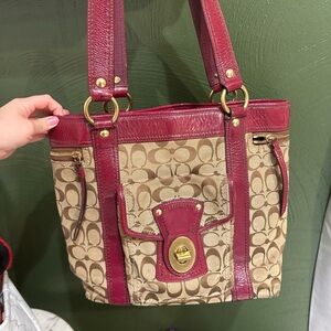 Coach Beige Signature Canvas Tote with Burgundy Trim